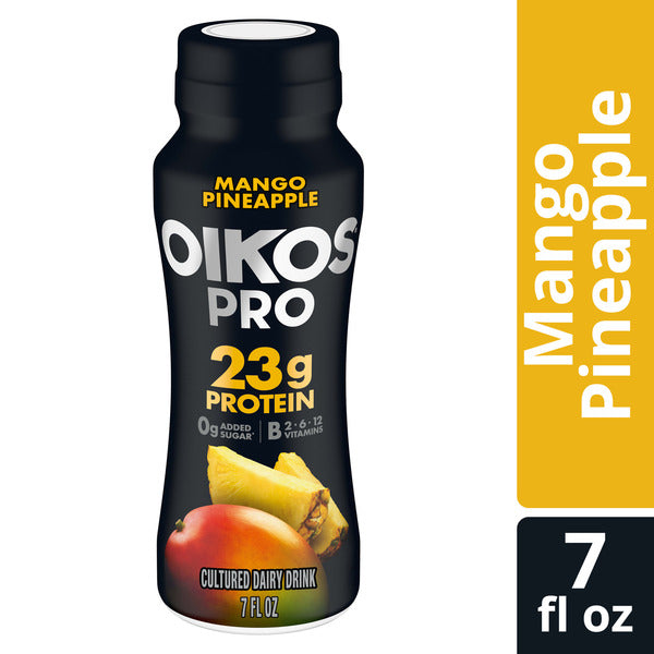 Oikos Pro 23g Protein, Mango Pineapple Cultured Dairy Drink, 0g Added Sugar, Convenient High Protein Snacks for School, Office, Gym, 7 fl oz Bottle