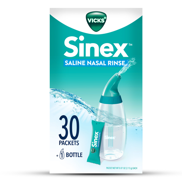 Vicks Sinex saline nasal rinse packaging with a bottle illustration on a white background