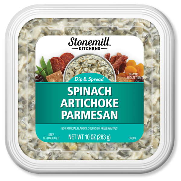 Packaged spinach artichoke parmesan dip from Stonemill Kitchens on a white background