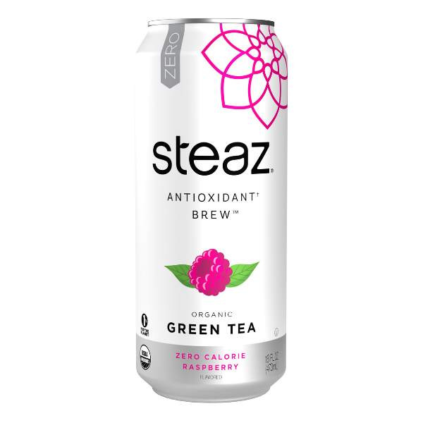 Steaz antioxidant brew organic green tea can with raspberry flavor on a white background