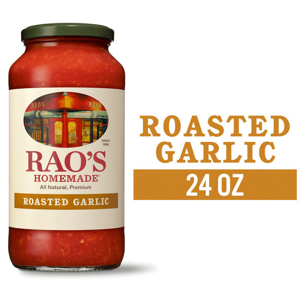 Jar of Rao's roasted garlic pasta sauce on a white background
