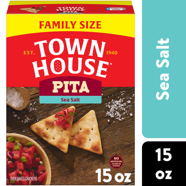 Town House Pita Sea Salt Oven Baked Crackers, Salty Snacks, Family Size, 15 oz