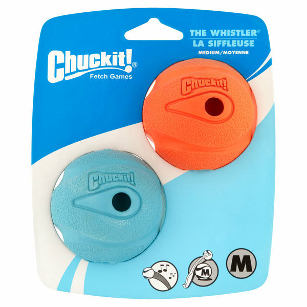 Chuckit! dog toy packaging with two balls, one orange and one blue, on a white background.