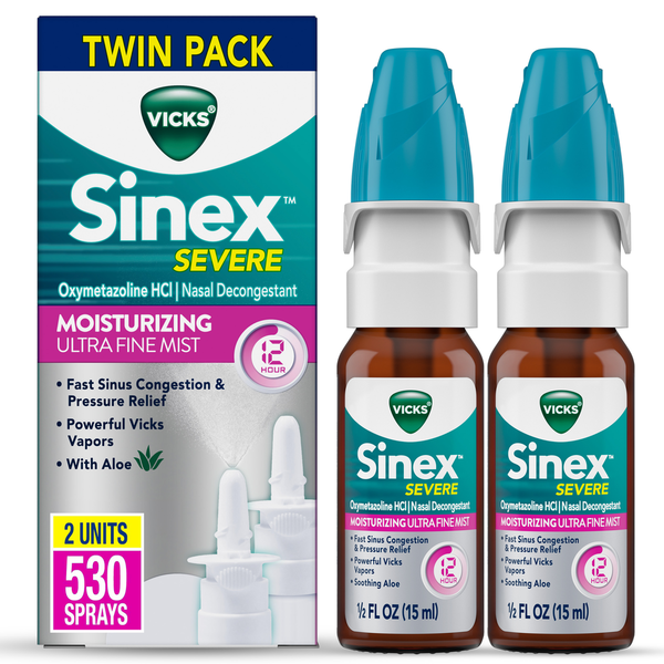 Vicks Sinex Severe nasal decongestant twin pack with packaging on a white background