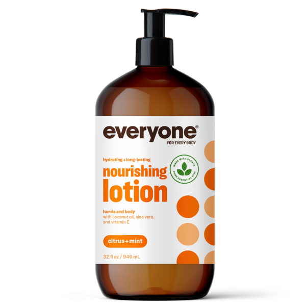 Brown lotion bottle with a label on a white background