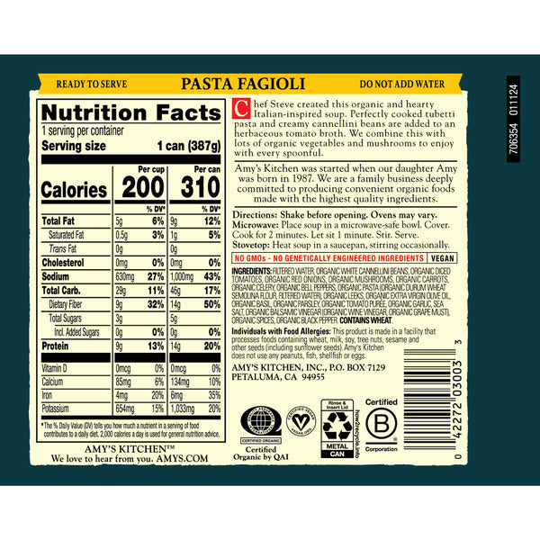Amy's Kitchen Organic Pasta Fagioli Soup