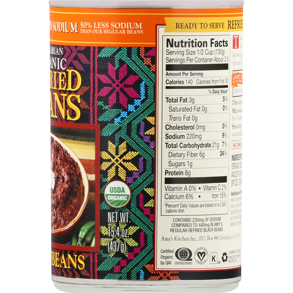Amy's Kitchen Organic Vegetarian Refried Black Beans Light In Sodium