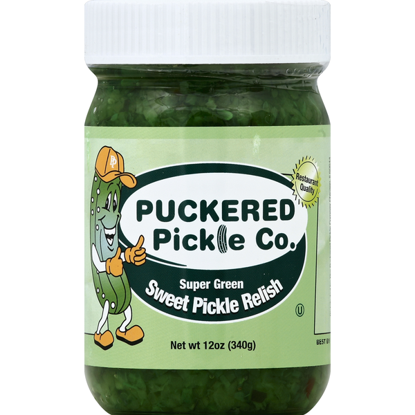 Puckered Pickle Company Relish, Sweet Pickle, Super Green
