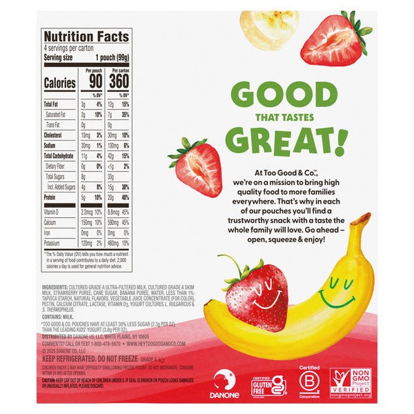 Too Good & Co. Strawberry Banana Yogurt-Cultured Ultra-Filtered Milk Pouches, Portable Kids Snacks Made with Real Fruit, 3.5 oz, 4 Count