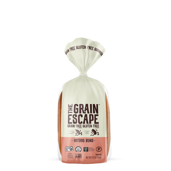 Bag of 'The Grain Escape' gluten-free hotdog buns on a white background