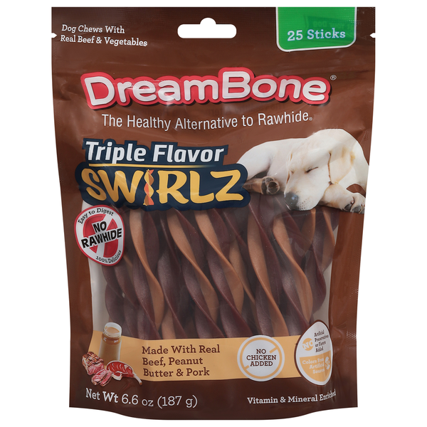 DreamBone Triple Flavor Swirlz dog chews packaging on a white background
