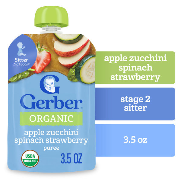 Gerber Stage 2 Baby Food Organic Apple Zucchini Spinach Strawberry Puree Pouch