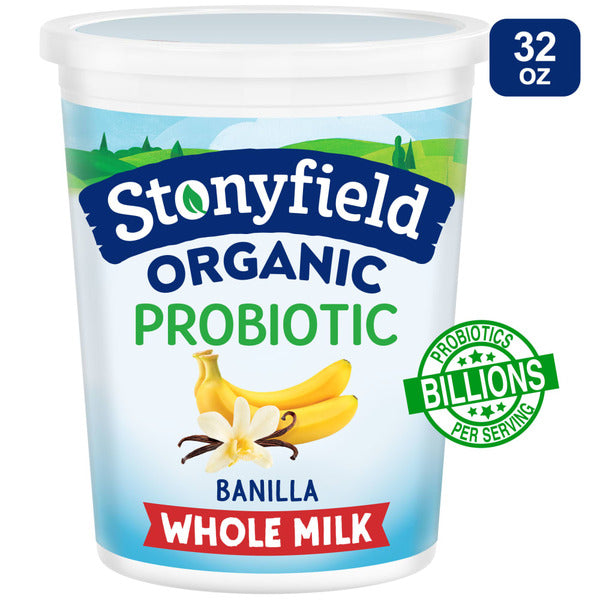 Stonyfield Organic Probiotic Vanilla Whole Milk yogurt container on a white background
