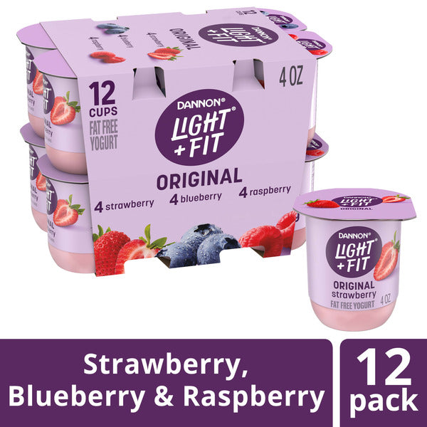 Dannon Light + Fit Nonfat Yogurt, Strawberry/Blueberry/Raspberry, Gluten-Free, 12 Pack