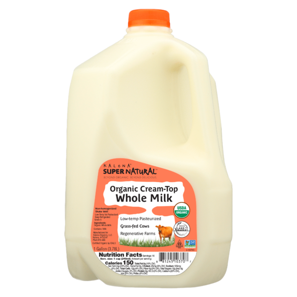  gallon of organic cream-top whole milk with a label on a white background