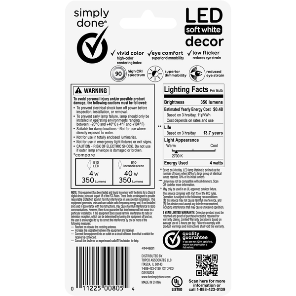 Simply Done LED Soft White Decor 4 Watts 350 Lumens Clear B10 Bulbs