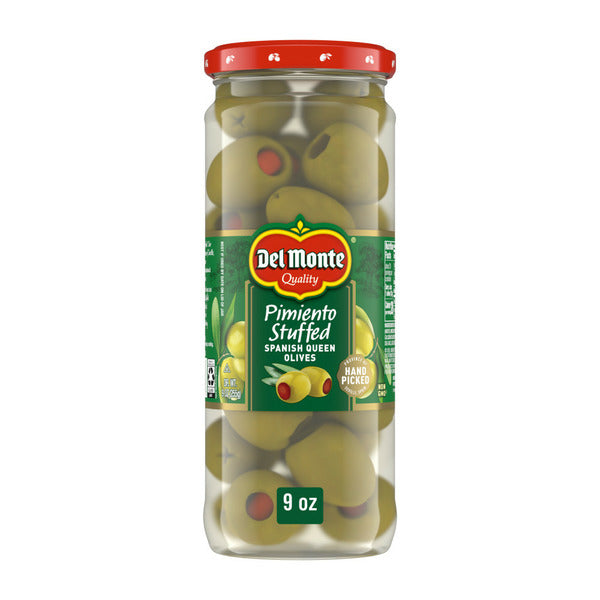 Jar of Del Monte Pimiento Stuffed Olives on a white background