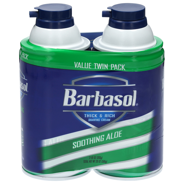 Barbasol thick and rich shaving cream in a twin pack container on a white background