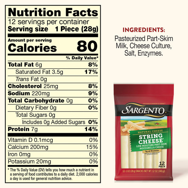 Sargento Natural Mozzarella String Cheese Sticks, 12-Count