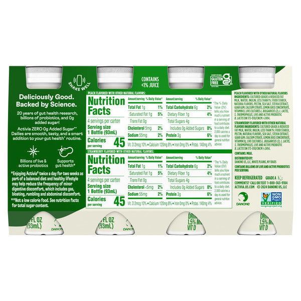 Activia ZERO 0g Added Sugar Peach and Strawberry Probiotic Dailies, Low Fat Probiotic Yogurt Drinks With 0g Added Sugar to Help Support Gut Health, 3.1 fl oz, 8 Count