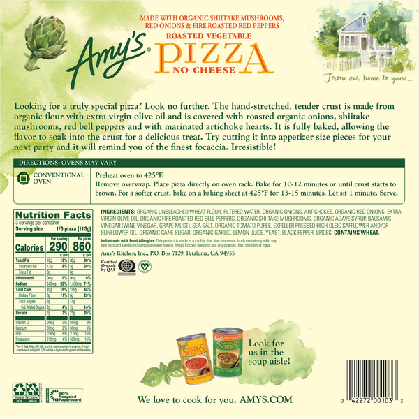Amy's Kitchen Pizza, Roasted Vegetable, No Cheese, Hand-Stretched Crust