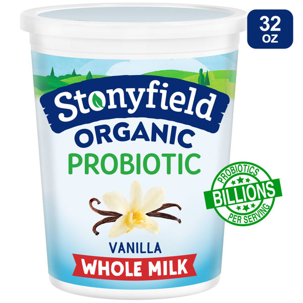 Stonyfield Organic Probiotic Vanilla Whole Milk yogurt container on a white background