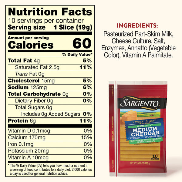 Sargento Reduced Fat Natural Medium Cheddar Sliced Cheese, 10 Slices