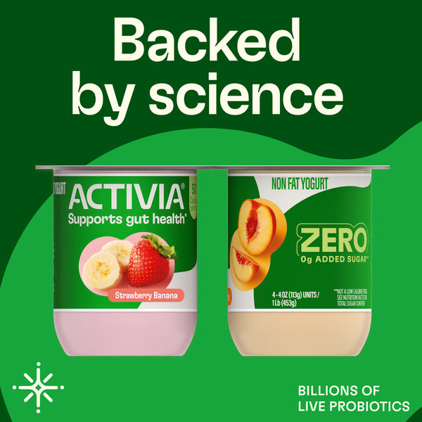Activia Zero 0g Added Sugar Strawberry Banana & Peach Probiotic Nonfat Yogurt Cups, 4 oz, 12 Count