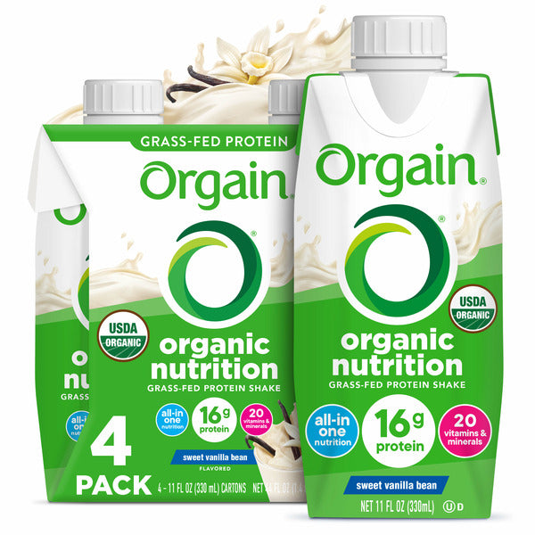 Two Orgain organic nutrition protein shakes on a white background