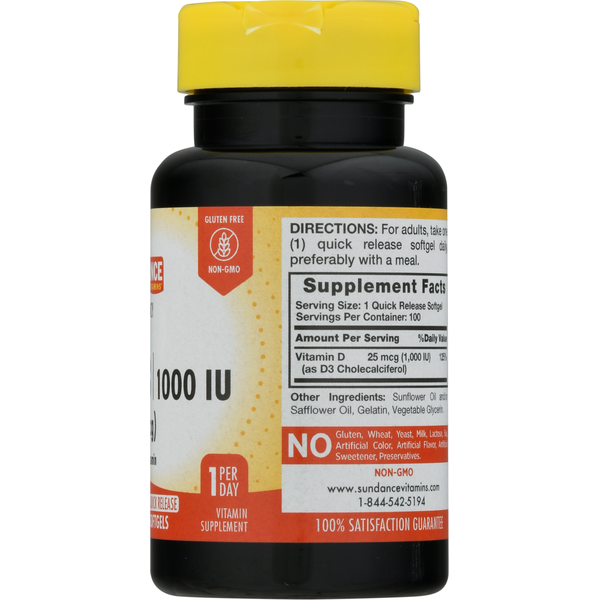 Sundance Vitamins Vitamin D3, High Potency, 1000 IU, Quick Release Softgels