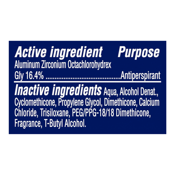 List of active and inactive ingredients with their purposes on a blue background