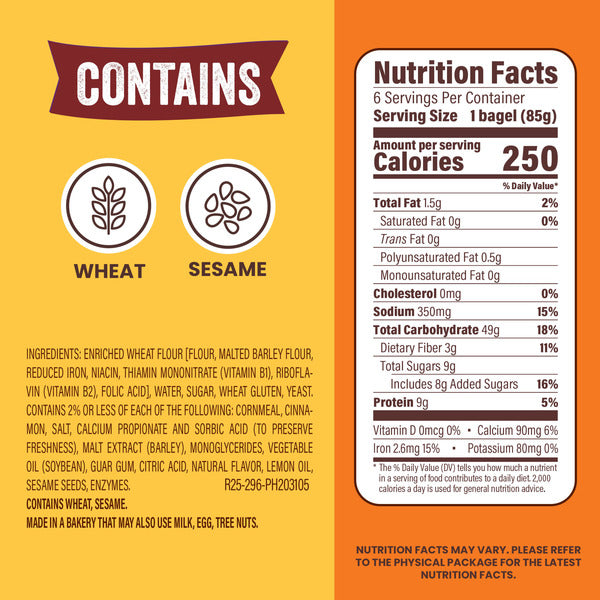 Thomas’ 6 ct, Cinnamon Swirl, Bagels, 9g Protein, Kosher, Bagels, 18 oz