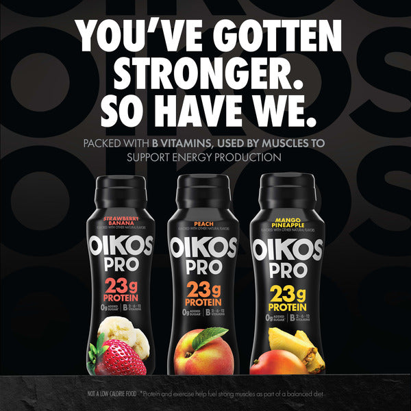 Oikos Pro 23g Protein, Strawberry Banana Cultured Dairy Drink, 0g Added Sugar, Convenient High Protein Snacks for School, Office, Gym, 7 fl oz Bottle