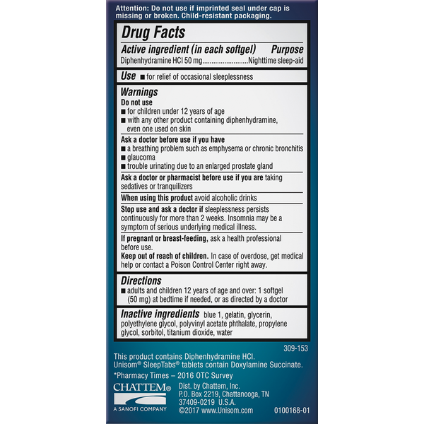 Unisom Nighttime Sleep-Aid, 50 mg, SoftGels, Value Size