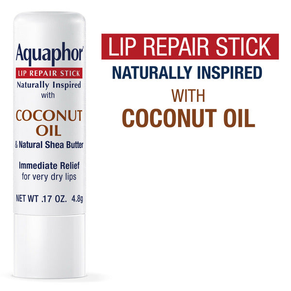 Aquaphor lip repair stick with coconut oil on a white background