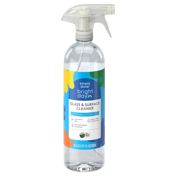 Glass and surface cleaner bottle with a colorful label on a white background