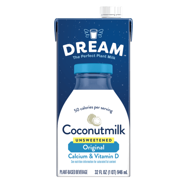 Carton of Dream coconut milk with blue and white design
