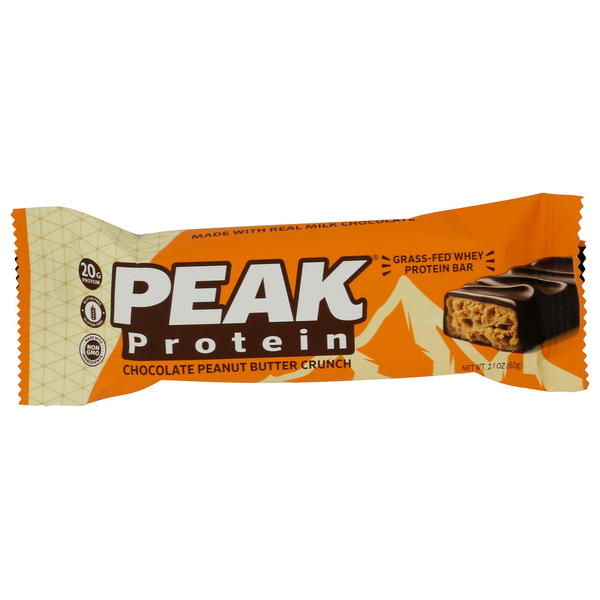 Peak Protein Chocolate Peanut Butter Crunch bar packaging on a white background