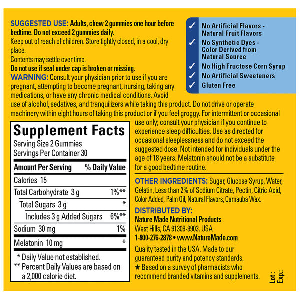 Nature Made Time Release Melatonin Gummies 10mg per serving, Maximum Strength Dosage Sleep Aid for Adults, 100% Drug Free, 60 Gummies, 30 Day Supply