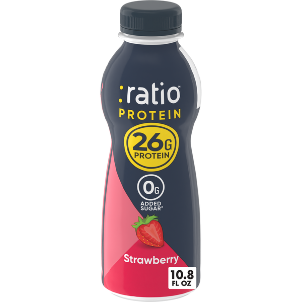 Bottle of ratio Protein Strawberry flavor on a white background