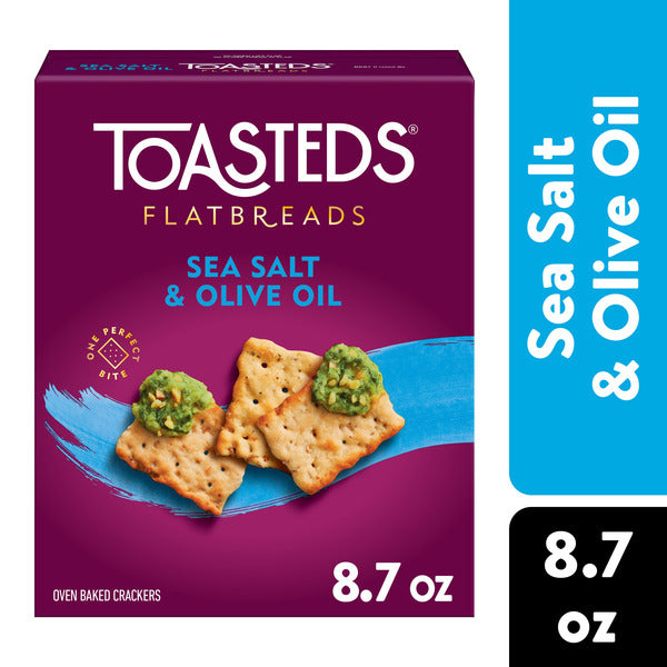 Toasteds Flatbreads Sea Salt and Olive Oil Crackers, Party Snacks, 8.7 oz