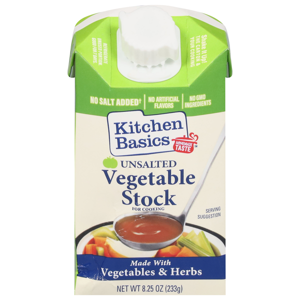 Kitchen Basics unsalted vegetable stock carton on a white background