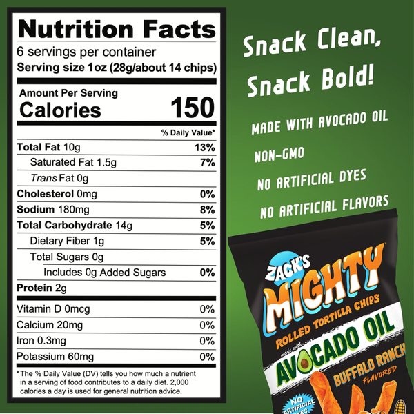 Zack's Mighty Avocado Oil Rolled Tortilla Chips - Buffalo Ranch