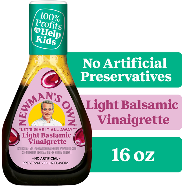 Newman's Own Light Balsamic Vinaigrette bottle with text about no artificial preservatives on a white background