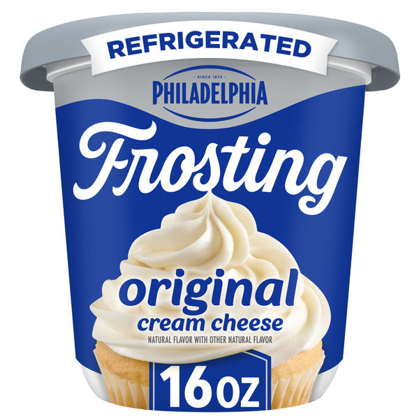 Container of Philadelphia Original Cream Cheese Frosting on a white background