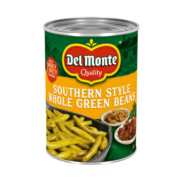 Can of Del Monte Southern Style Whole Green Beans on a white background