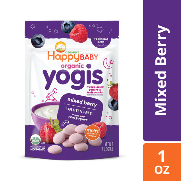 HappyBaby Organic Yogis Mixed Berry snack package on a white background