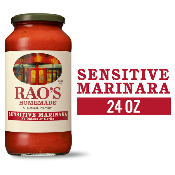 Jar of Rao's Homemade Sensitive Marinara sauce with label and text on a white background