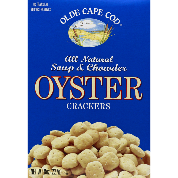 Box of Olde Cape Cod Oyster Crackers with blue background and oyster crackers image.