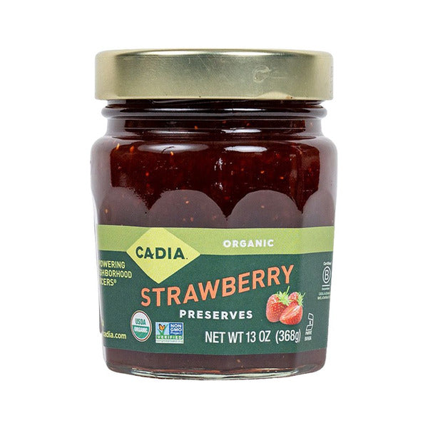 Jar of Cadia Organic Strawberry Preserves on a white background